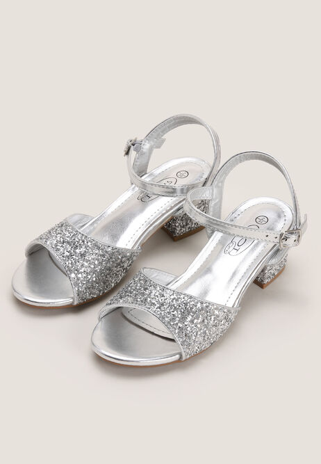 Girls Silver Glitter Block Heel Sandals
