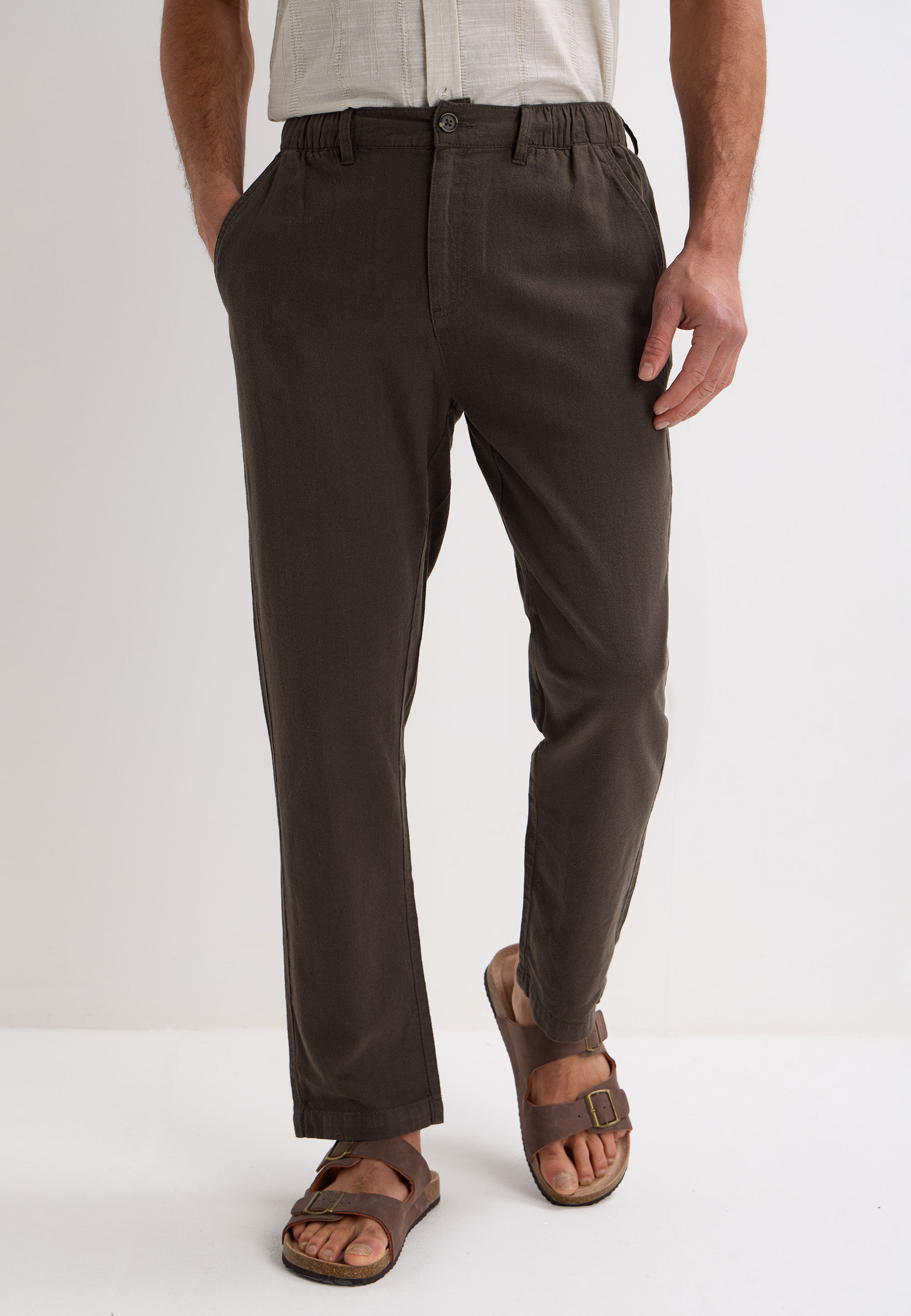 Mens Khaki Linen Blend Trousers