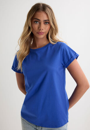 Womens Cobalt Blue Plain Roll Sleeve T-shirt