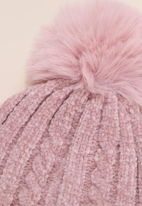 Younger Girls Pink Chenille Bobble Hat