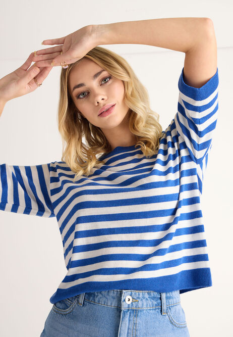 Womens Blue Stripe 3/4 Sleeve Jumper T-shirt