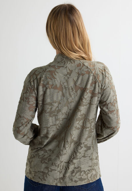 Womens Khaki Textured Pussy Bow Burnout Blouse