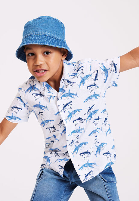 Younger Boys White Shark Print Shirt