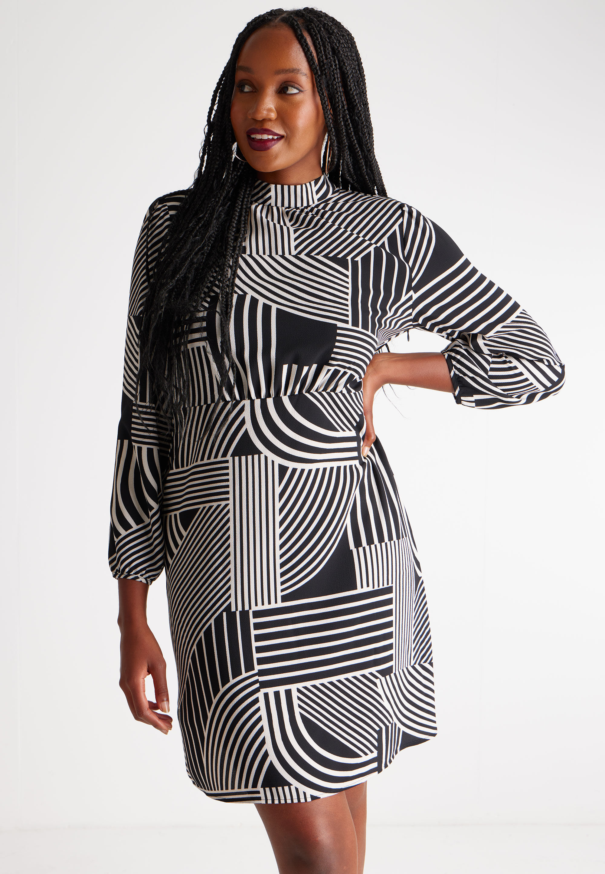 Womens Black Cream Abstract Print Shift Dress Peacocks