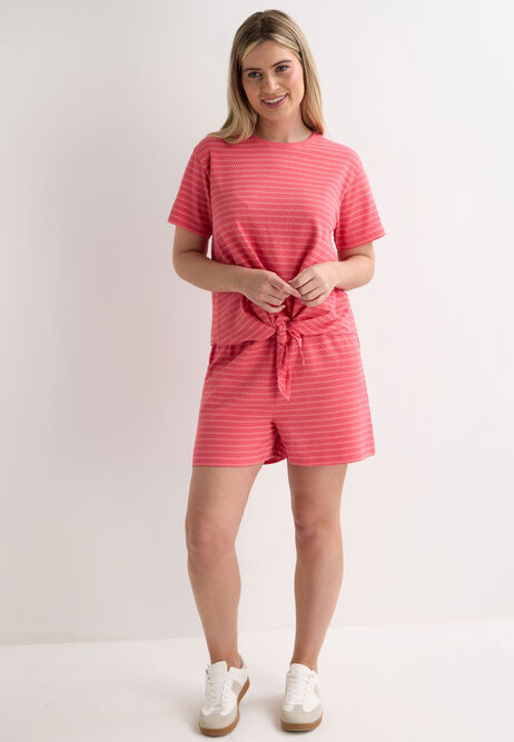 Womens Pink Stripe Textured Front Knot T-Shirt