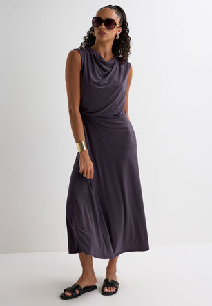 Womens Grey Asymmetrical Drape Midi Dress