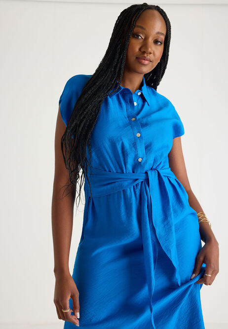 Womens Blue Tie Front Shirt Dress