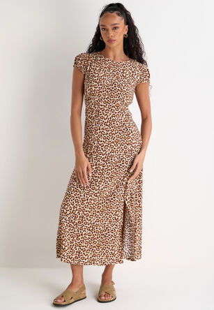 Womens Brown Leopard Print Midi Tea Dress