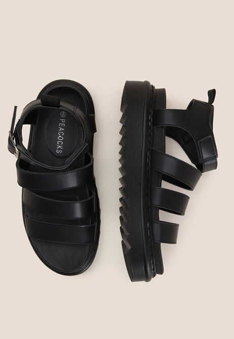 Womens Plain Black Triple Strap Gladiator Sandal