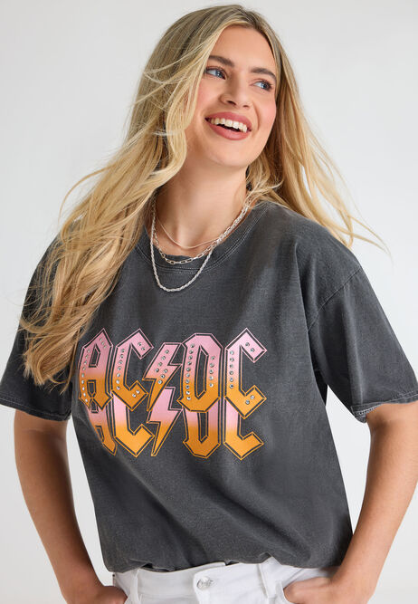 Womens Grey Acid Wash AC/DC T-shirt