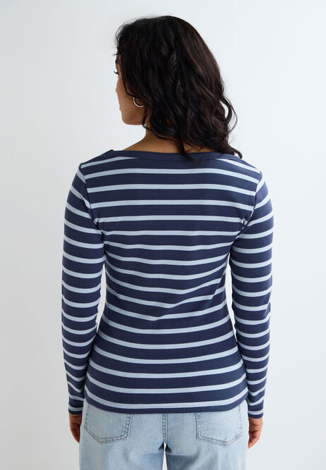 Womens Navy Stripe Button Placket Long Sleeve Top