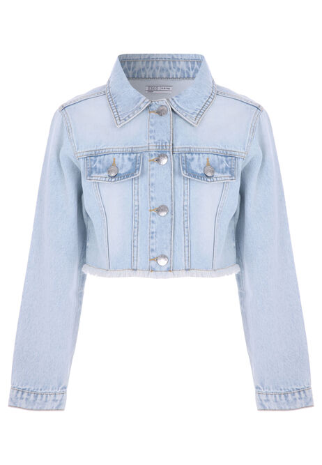 Older Girls Blue Crop Frayed Denim Jacket