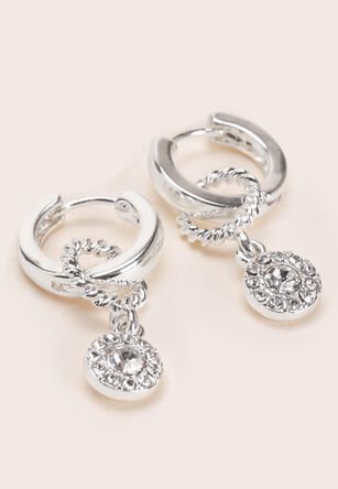 Womens Silver Stone Drop Diamanté Hoop Earrings