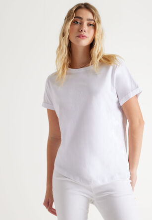 Womens White Cotton Roll Sleeve T-Shirt