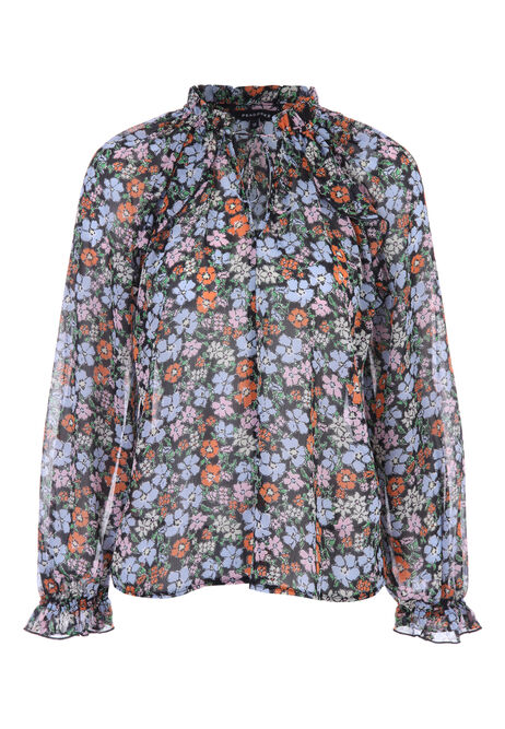 Womens Floral Ruffle Neck Blouse