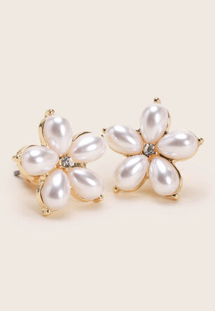Womens Gold Pearl Flower Stud Earrings