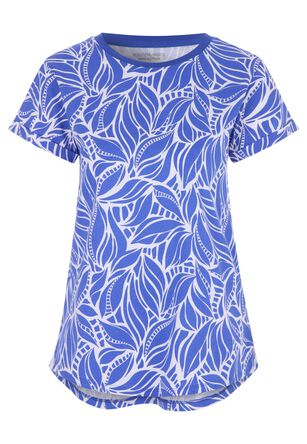 Womens Blue Floral Print Roll Sleeve T-Shirt