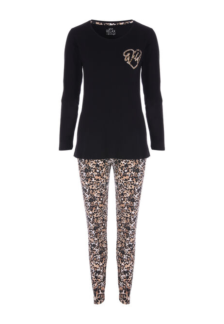 Womens Black Leopard Print Pyjama Set
