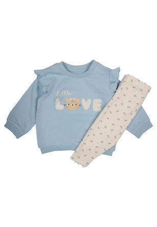 Baby Girls Blue Cat Sweatshirt & Cream Floral Leggings Set