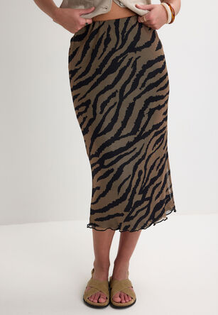 Womens Brown Animal Print Mesh Midi Skirt