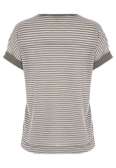 Womens Khaki Stripe Linen Roll Sleeve Top