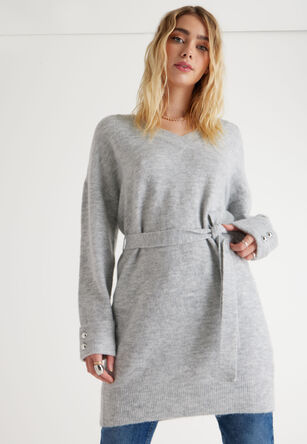 Womens Grey Knit Belt Dress