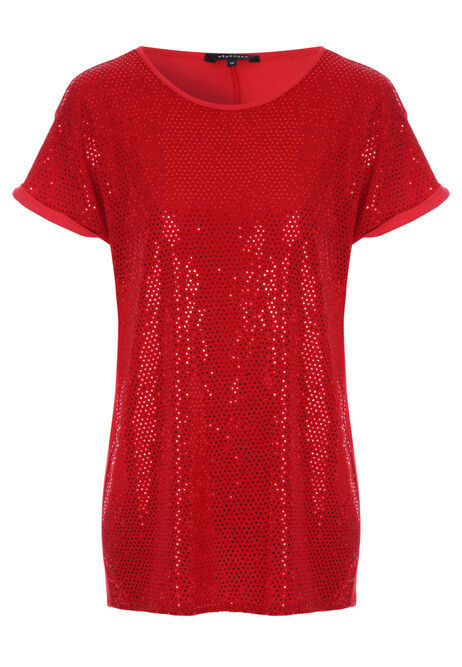 Womens Red Sequin Front Short Sleeve T-shirt