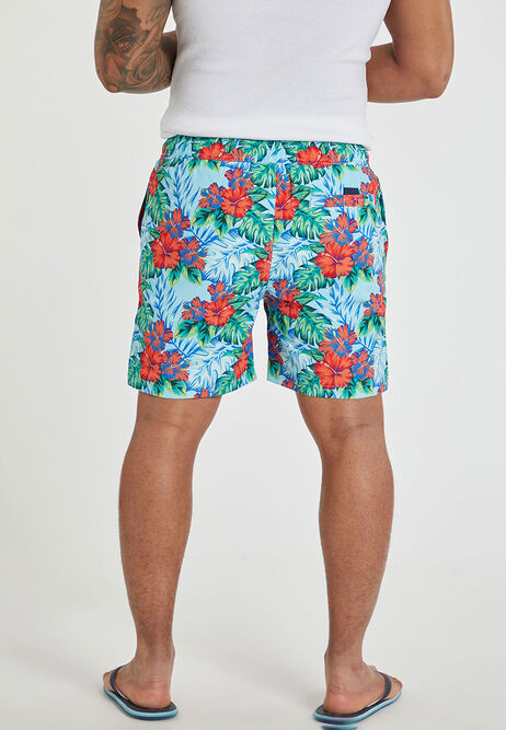 Mens Blue Hibiscus Floral Print Swim Shorts 