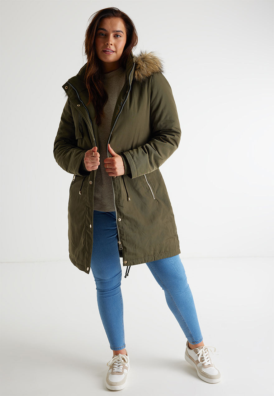 Womens Plain Khaki Parka Coat Peacocks