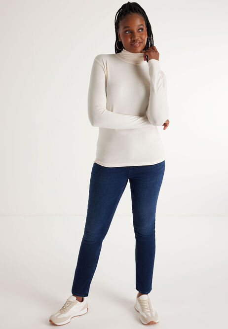 Womens Cream Roll Neck Long Sleeved Top