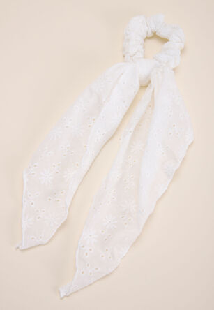 Womens White Broderie Anglaise Tie Srunchie