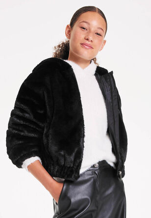 Older Girls Black Fur Bomber Jacket 