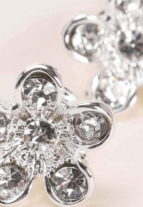 Womens Silver Diamante Flower Stud Earrings