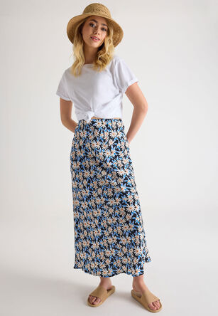 Womens Blue Daisy Print Midi Skirt