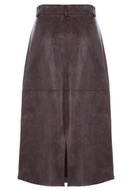 Womens Brown Distressed PU Midi Skirt